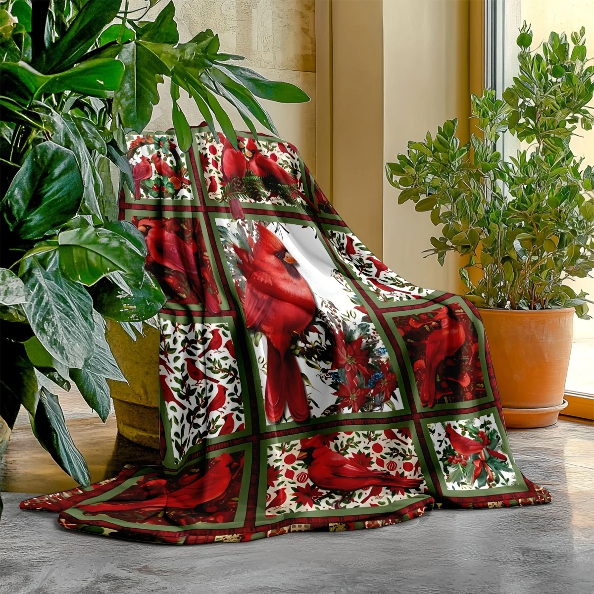 Autumn Christmas Cardinal Flannel Throw Blanket Polyester Cozy Winter Xmas Decor Sofa Couch Quilt Gift Idea
