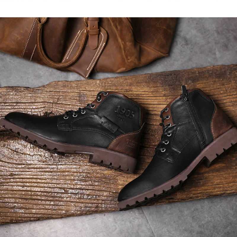 Vintage Men\'s Boots Spring Autumn Plus Size Side Zipper Lace Up Short Boots Outdoor High Top Desert Workwear Shoes Botas Moto