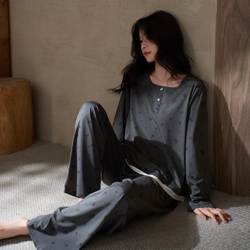 Women's High End Modal Pajamas Long Sleeved Cardigan Spring Autumn Light Luxury Loungewear Solid Colors Suitable Outdoor Wear