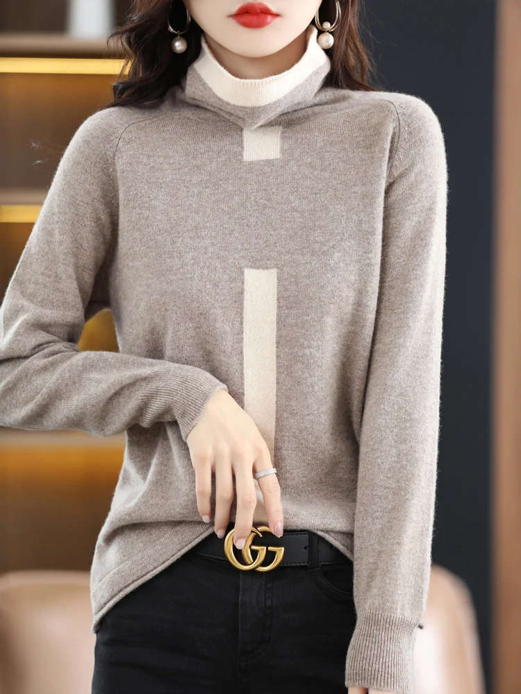 100% visone maglione di cashmere da donna colletto in pile pullover top primavera / autunno nuovo colorblock top stile coreano moda attillato sottile