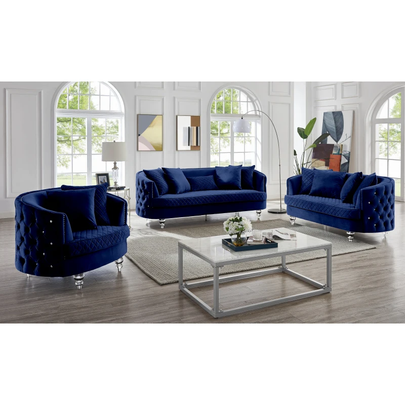 Velvet Upholstered Sectional Sofa,Modern Style Button Tufted Couch Including Three-Seater Sofá,Loveseat and Armchair