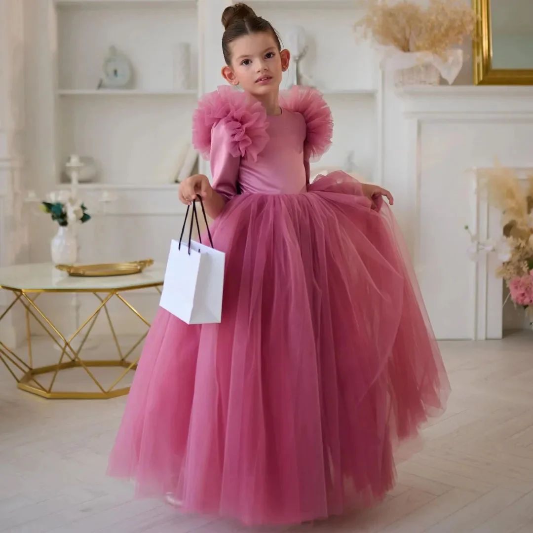 فستان فتاة الزهور الوردي المخصص من التول مع فيونكة نصف كم لحفلات الزفاف وأعياد الميلاد وحفلات التواصل المقدس