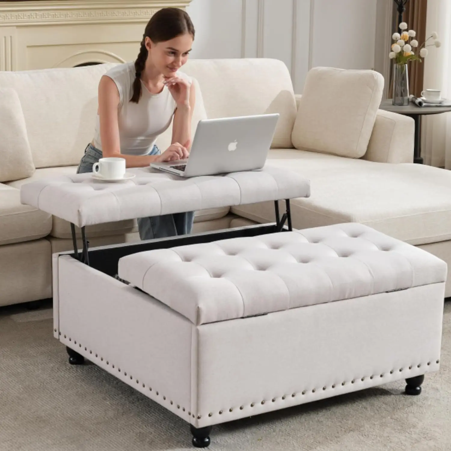 

Large Square Storage Ottoman Bench, Tufted Upholstered Coffee Table with Lift Top & Solid Wood Legs, Oversized, Customized