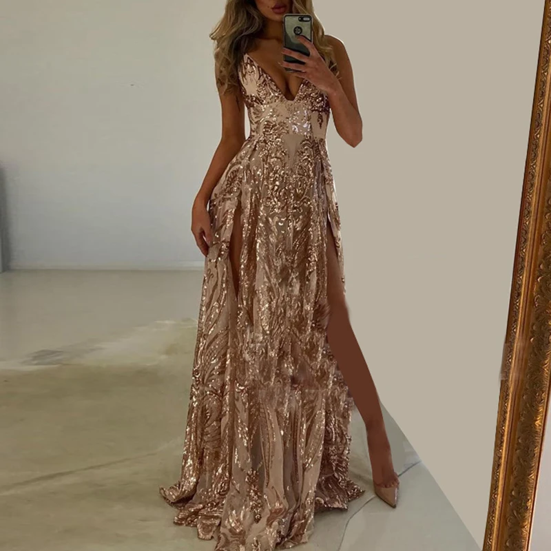 Women Sexy Suspender Spaghetti Gala Dress Fashion High Waist Sequins Party Dress Elegant Sleeveless Split Pleat Evening Dress