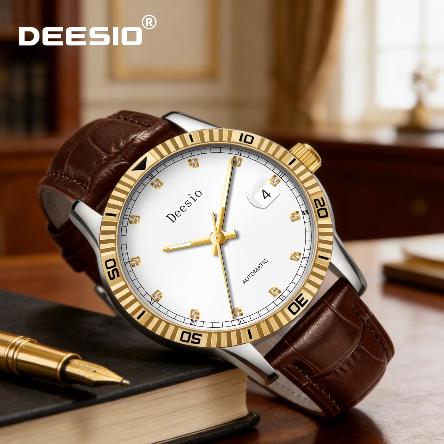 

Классические мужские автоматические механические часы Deesio из нержавеющей стали с дисплеем дня недели, светящимися стрелками, водонепроницаемые, деловые повседневные часы