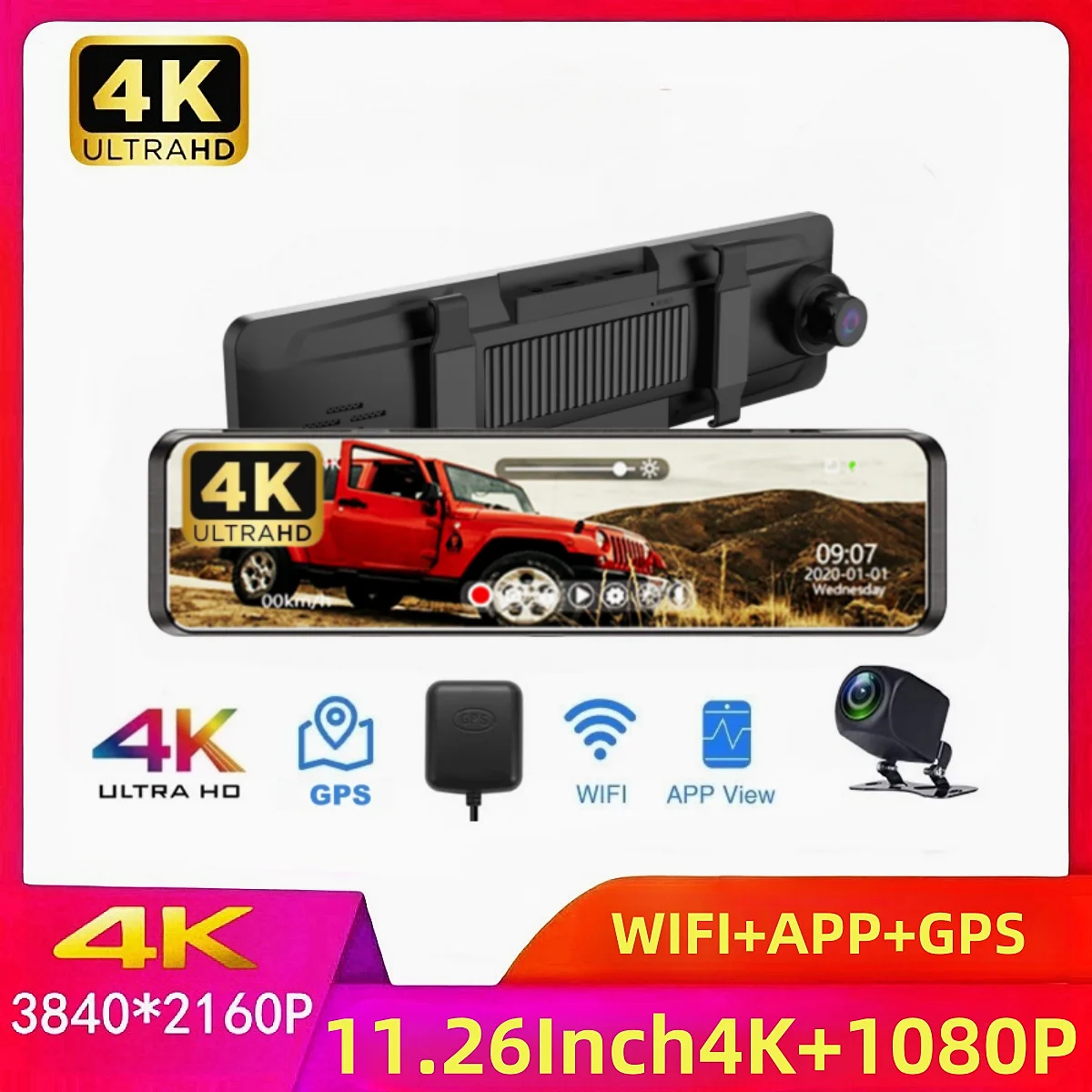 

4K 3840*2160P 11.26 Inch Car DVR Dash Cam WIFI GPS APP Rear View Mirror 1080P Car Camer, WDR,APP WIFI Super Night Vision