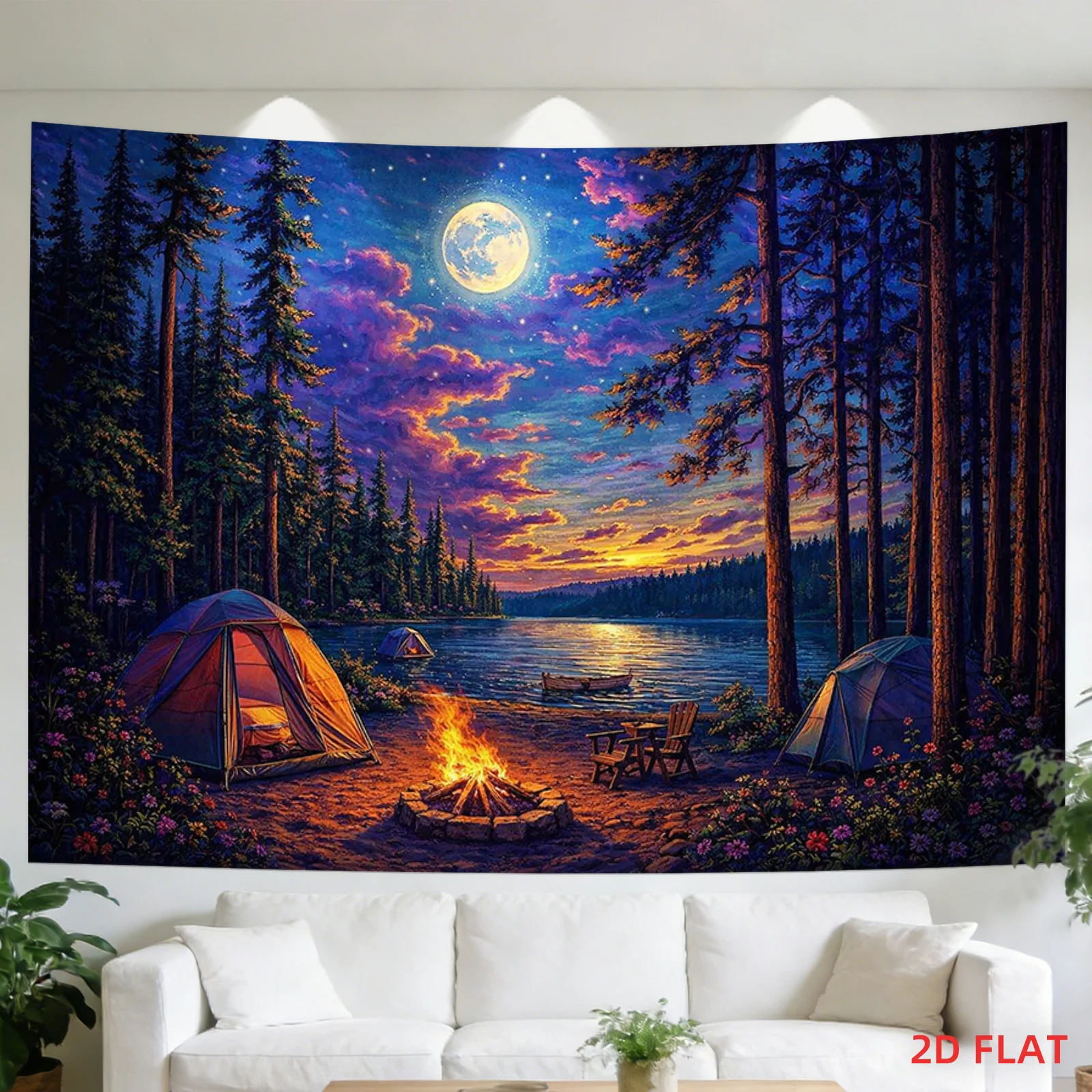 Moonlit Forest Camping Tapestry with Tents, Fire Pit, Lake and Starry Sky 180x280cm Wall Decor  aesthetic room decor