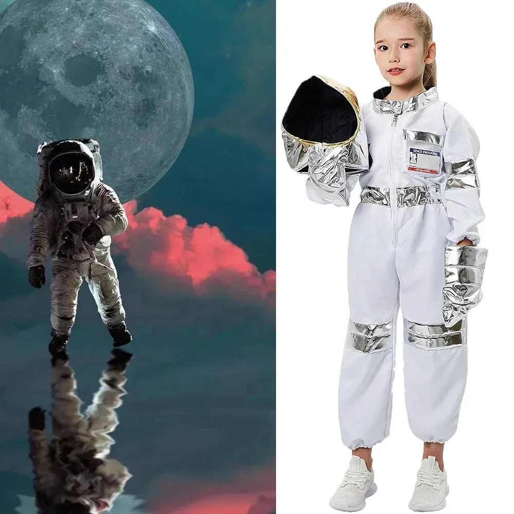 Silvery Children Astronaut Spaceman Space Suit Cosplay Costume Boys Girls Performing Props Birthday Party Dress Up Birthday Gift