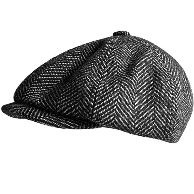 Men's Hat Warm Tweed Octagonal Cap Black Blue Beret Herringbone Detective Newsboy Hats Retro Women Winter Cap BLM258