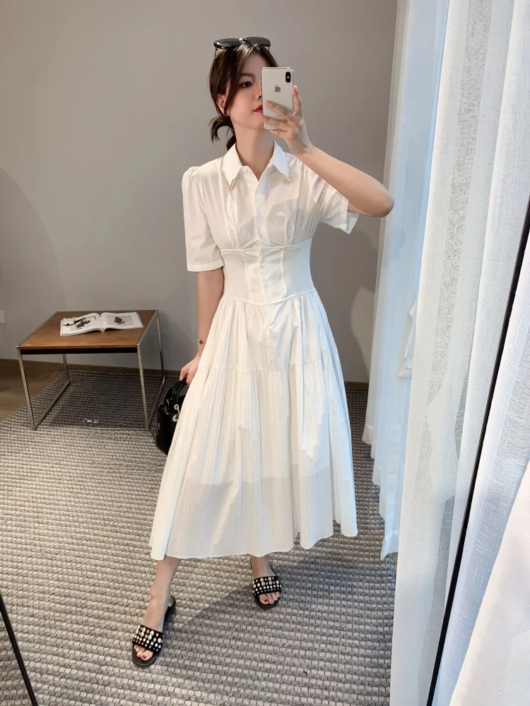 

Elegant White Summer Dress Women's Fashionable Chiffon Long Dress Waist-Cinched Short Sleeve Collar A-Line Skirt
