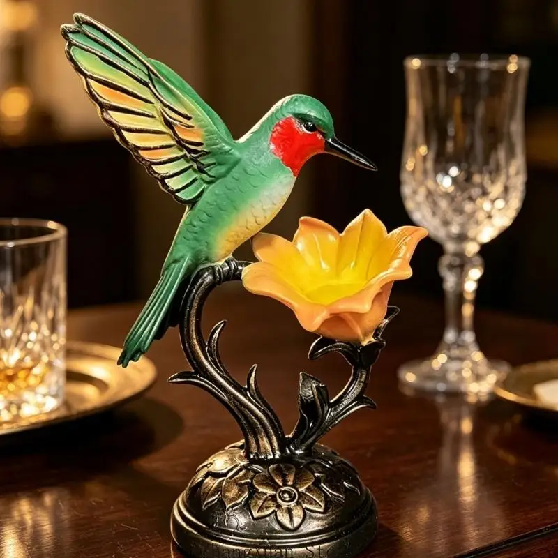 Hand-Painted Bird and Flower Figurine with Textured Wing, Blooms Forms, and Integrated Base for Entryway or Office Display 3XUF