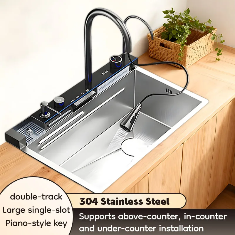 

Kitchen Sink Home Multi-function integrated tap Thickened 304 stainless steel Large single-slot Double-track Double Waterfall