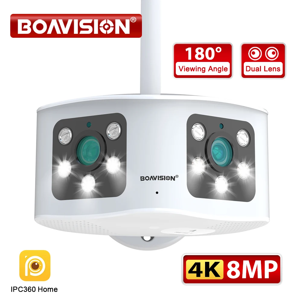 

BOAVISION HD 4K 8MP WIFI Dual Lens Panoramic Fixed Camera 180° Wide Viewing Angle Outdoor 6MP AI Human Detection Security Camera