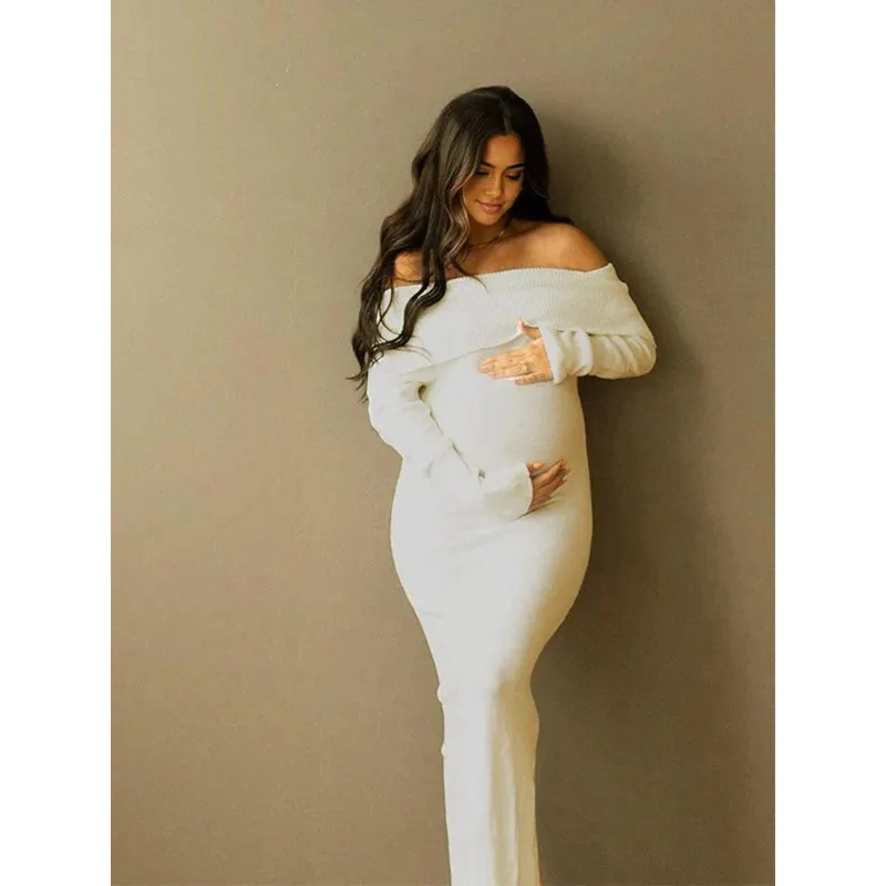 Pregnancy Photoshoot Maternity Photography Dresses Off Shoulder Knit Dress White Slim Fit Pregnancy Studio Photoshoot Outfit view 4