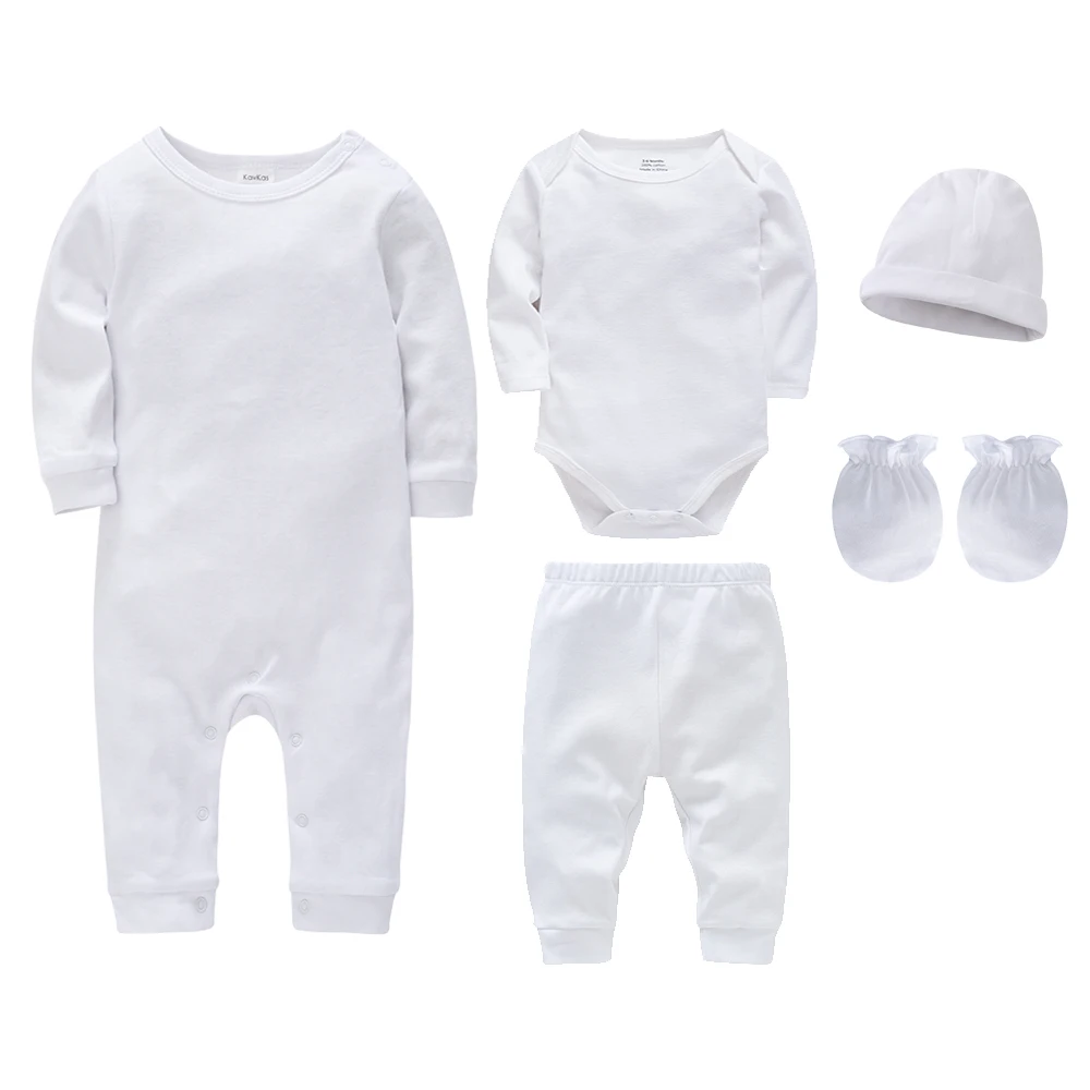 6 Pieces Baby Clothing Sets Blank White Newborn Romper Jumpsuit Pants Hat Mittens Gift Set 100 Cotton Plain Solid Muslin Clothes