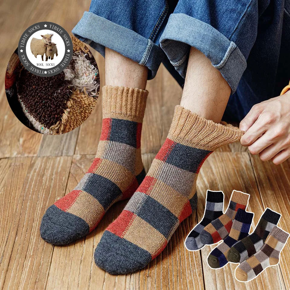 Chaussettes en laine à carreaux pour hommes, chaussettes longues mérinos, cachemire décontracté, optique, chaud, rétro, Harajuku, grande taille, hiver, 3 paires