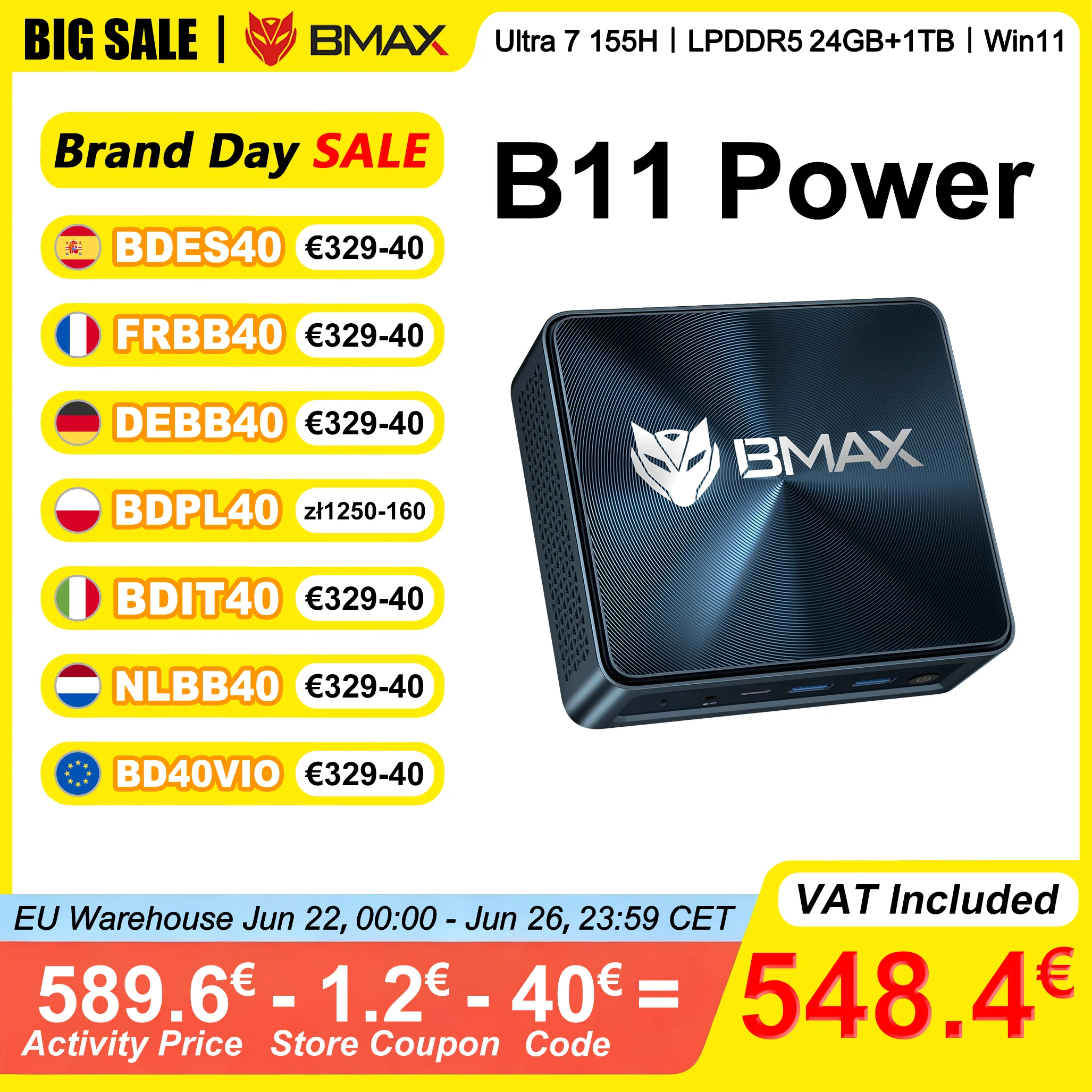BMAX B11 Power Mini PC Intel Core Ultra 7 155H 24 GB LPDDR5 