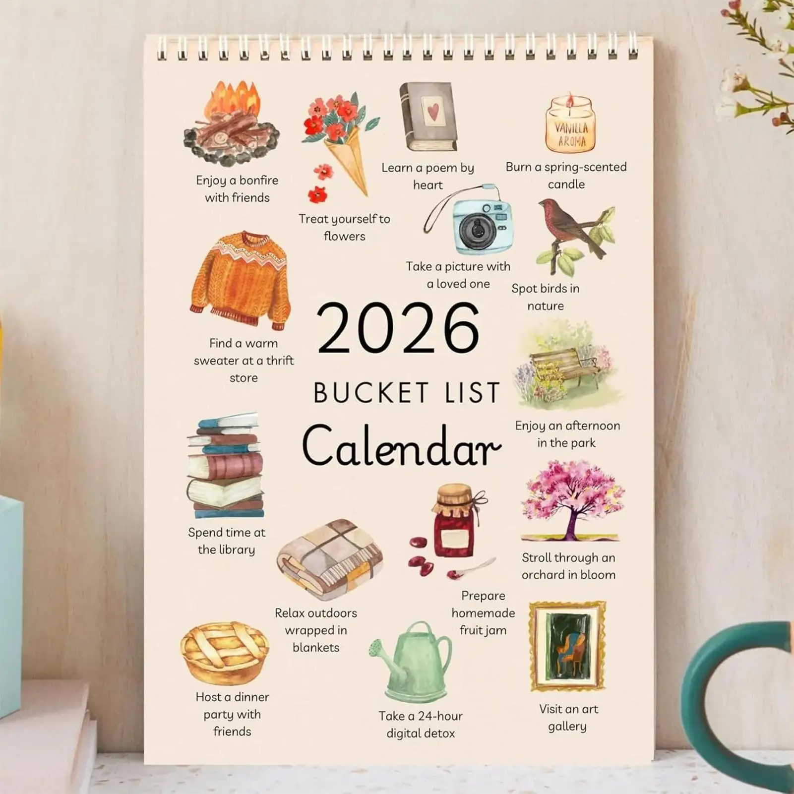 Calendario mensile da parete per l'intero anno 2026 con illustrazioni ispiratrici Planner per obiettivi artistici ad acquerello per l'ufficio in classe