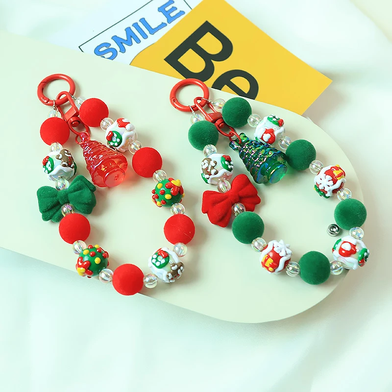 Christmas Beads Phone Chain Keychain Christmas Tree Flocked Bowknot Charm Anti-lost Wrist Strap Bracelet Bag Decor