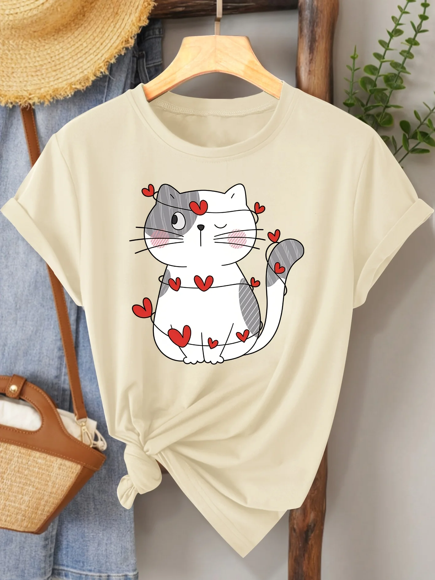 Women Summer Clothing Heart Cat Women's Tee - Cute Graphic, Casual Beige Top Clothes with Many Korean Reviews Able Free Delivery