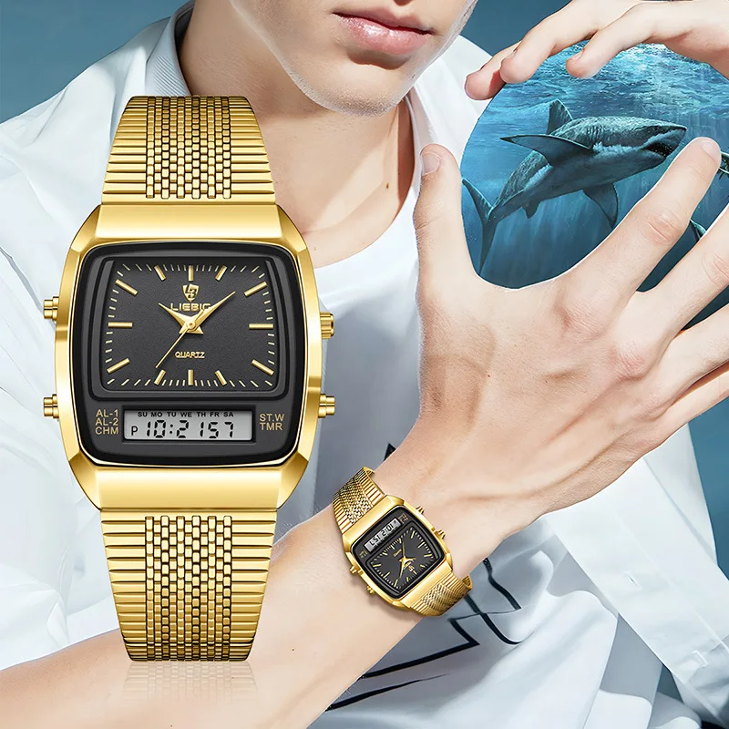 Luxury Golden Quartz Watch Analog Digital Dual Display Stainless Steel Strap Square Case Fashion Business Wristwatch for Man