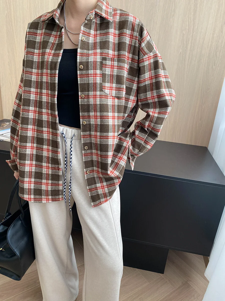 

Женская повседневная свободная повседневная рубашка в клетку в стиле ретро с толстой начесом