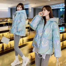 2023 New Fashion Winter Jacket Glossy Down Cotton Padded Parka Outwear Hooded Solid Female Jacket Snow Wear Coat