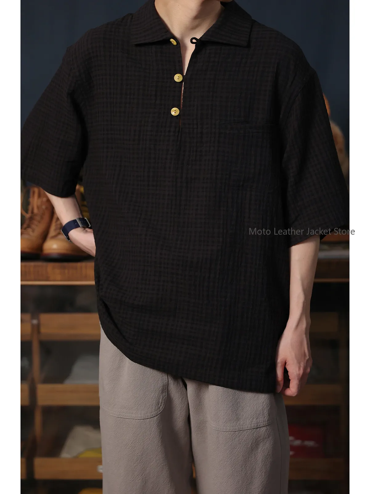 Secondorder SS24 Retro Plaid Pullover Shirt Relaxed Fit Casual Short Sleeve Shirt Top