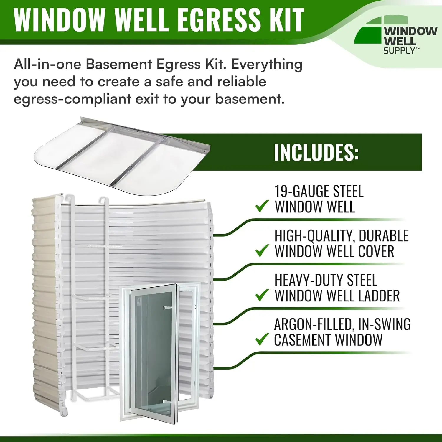 Window Well Cover Kit with Window Well, Well Ladder, in-Swing Casement Basement Window, Basement Window Well Covers Outside, Out