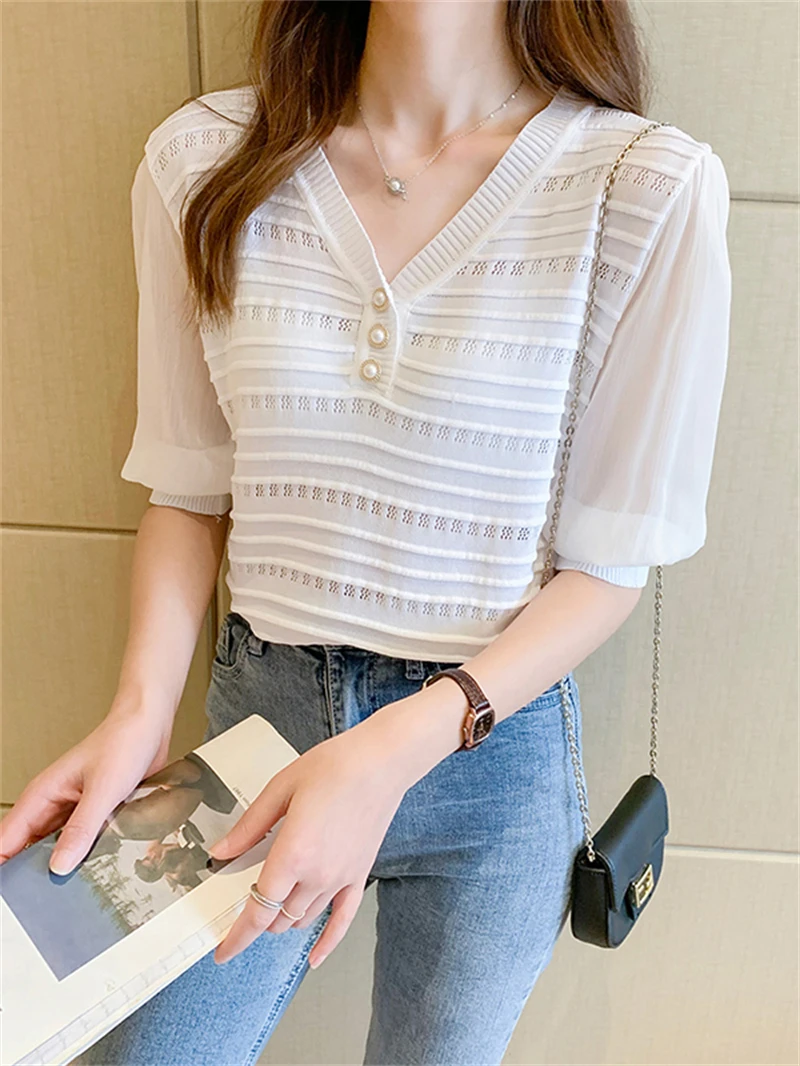 Summer New Contrast Short sleeved T-shirt Women\'s V-neck Spliced Sleeve Knitted Shirt Women\'s Top 7381