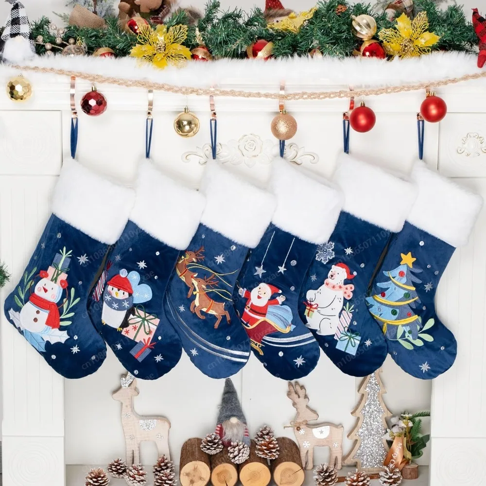 Christmas Stocking Set of 6 Christmas Stockings 20inch Blue Family Stocking Large Embroidered Flannel 6 Pack Christmas Stocking