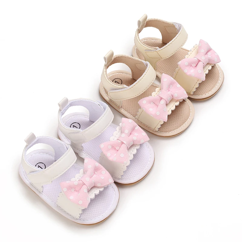 Baby Learning Walk Shoes, 2 Colors Polka Dot Bow Open Toe Sandals, Scalloped Edge Soft Strap Girls Summer Footwear 0-1 Year