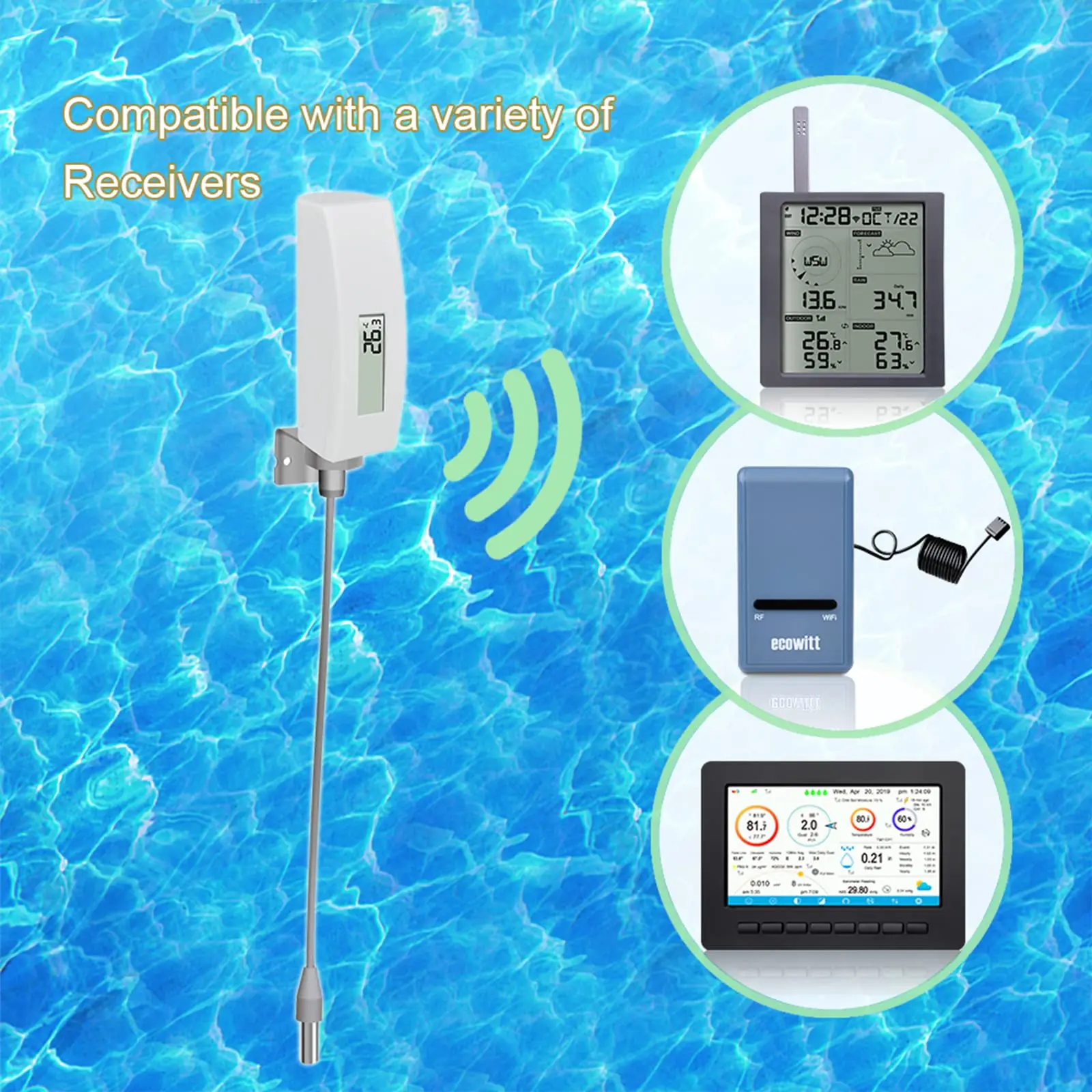 Ecowitt WN34L Digital Pool Thermometer with LCD Display, Waterproof Water Temperature Sensor, Easy to Mount, 10ft Cable Sensor