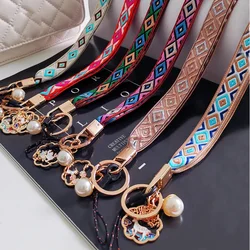 Boho Mobile Phone Straps Anti-lost Vintage Plaid Fabric Lanyard Hanging Neck Cord For Mobile Phone Case ID Card Accessories