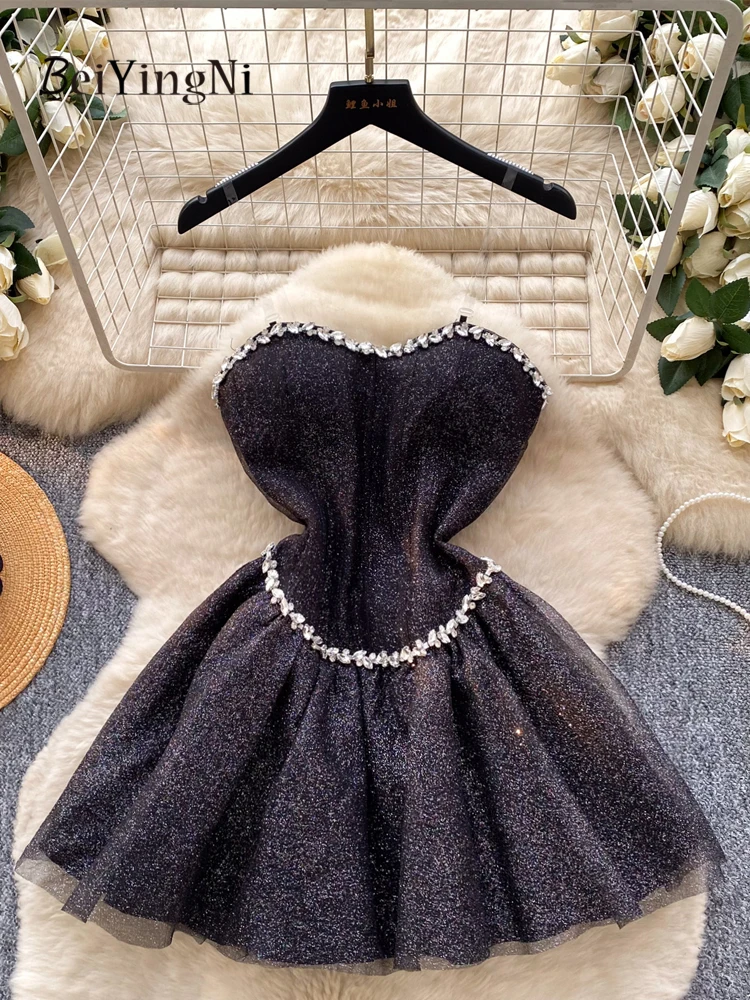 Beiyingni 2026 primavera novo estilo vestido de festa feminino indústria pesada miçangas aniversário curto tutu vestidos luxo malha vestido sem alças