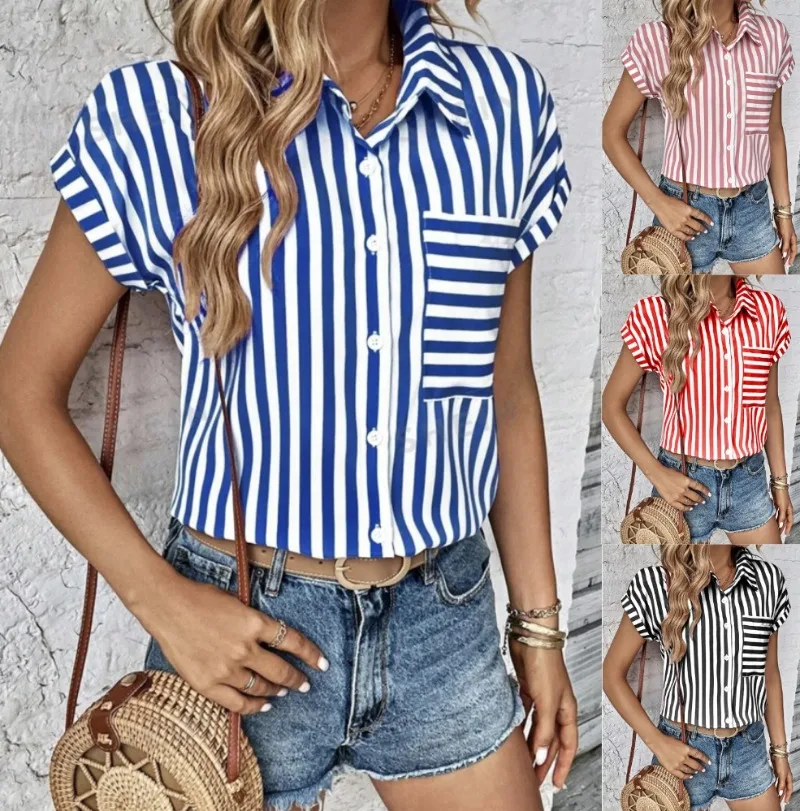 

Summer V-neck Pocket Shirt Striped Printed Shirt Women's Elegant and Versatile Commuting Top