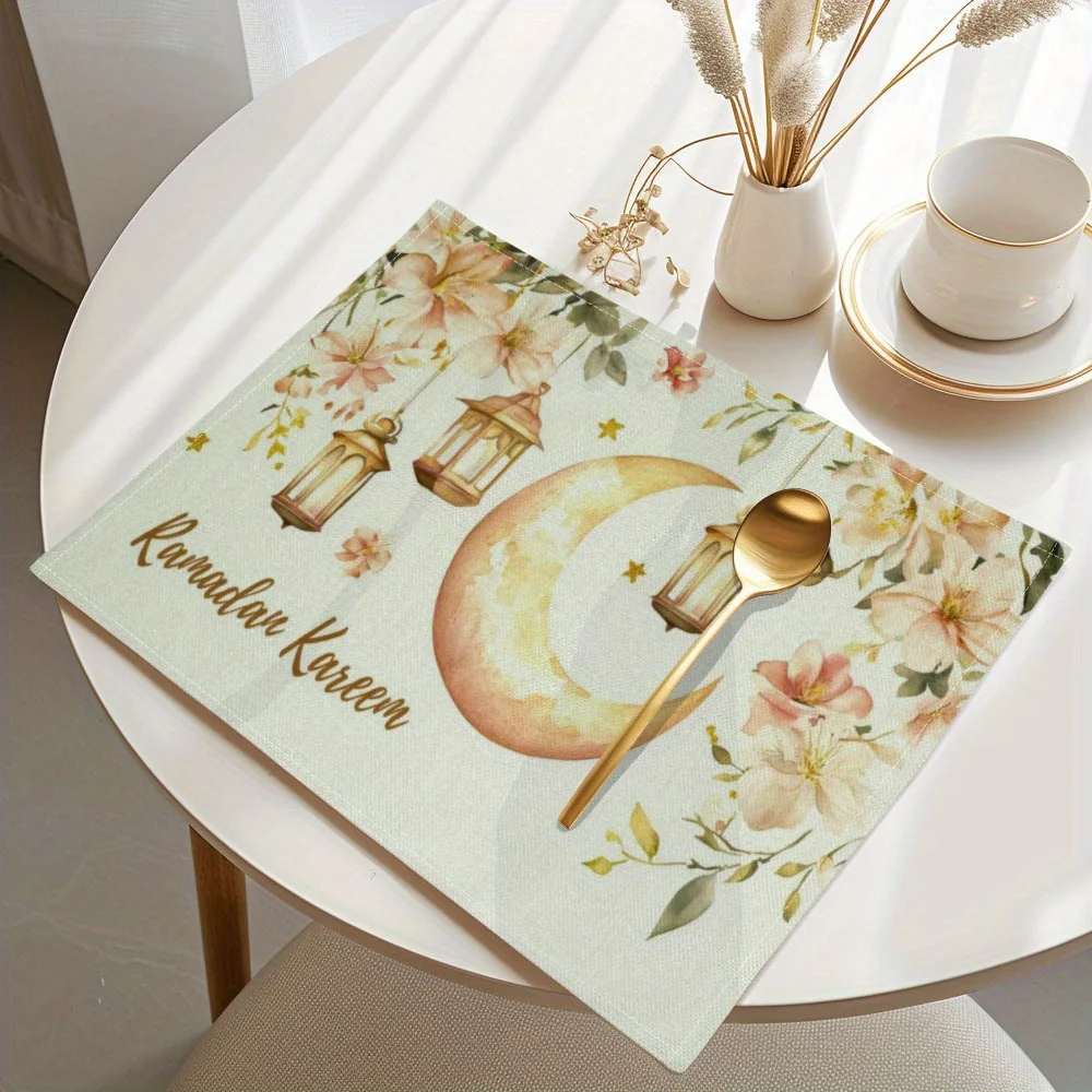 1PC Ramadan Crescent Moon Placemats - Rectangular Machine Washable Table Mats with Floral & Lantern Design