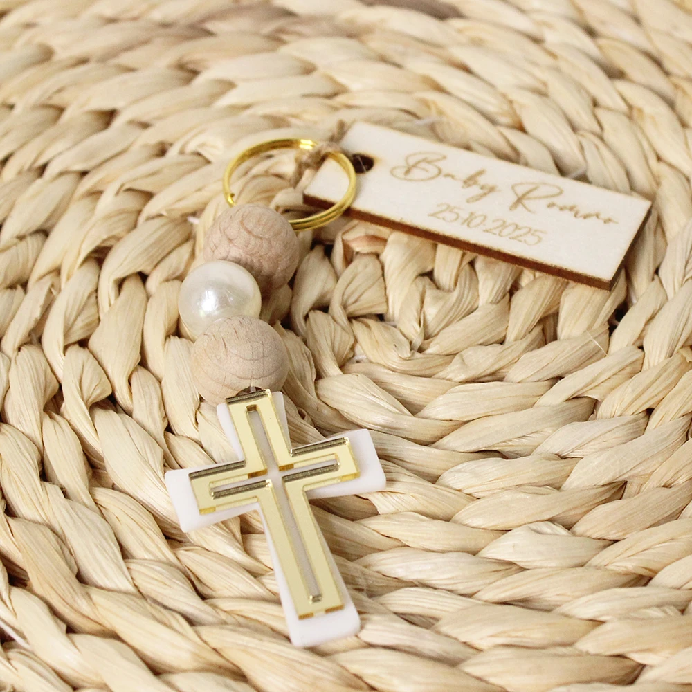 10/15/20/50pcs Personalized Cross Kecyhain Baptism Favors for Guests Custom First Communion Favors with engraved wood Name Tags