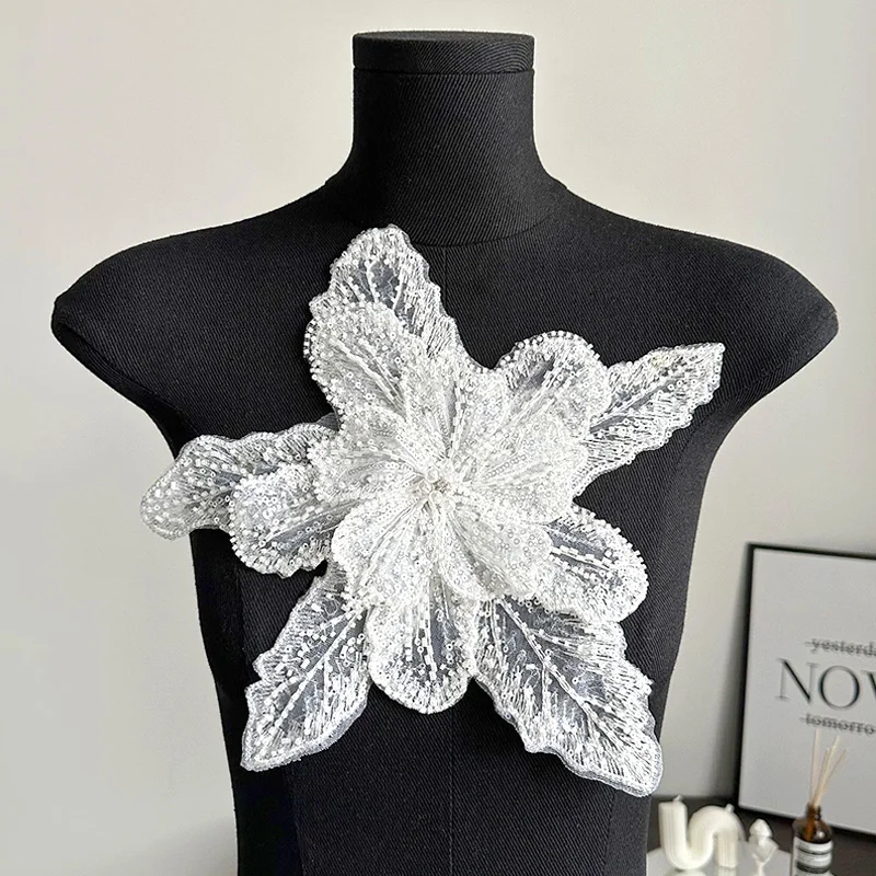 Sequin Beaded Flower Collar Applique White Lace Embroidered Patch Corsage DIY Decorative Wedding Dress Clothing Accessories