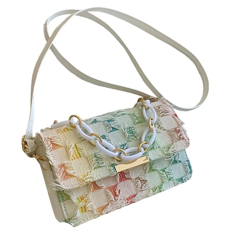 

Женская сумка для плеча с цепной ручкой джинсовой кисточки клетчат