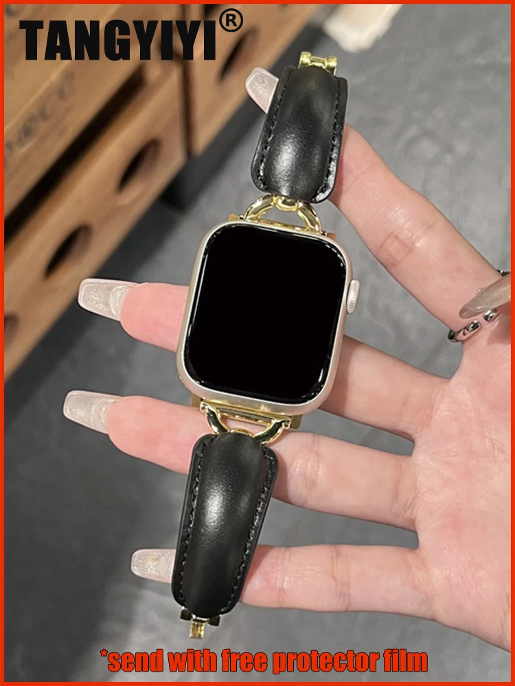 

Ремешок для Apple Watch Series 9 8 7 6 SE 5 4 38/40/41/42/44/45 мм iWatch Ultra 2 49 мм, роскошный кожаный ремешок, модный браслет в форме D