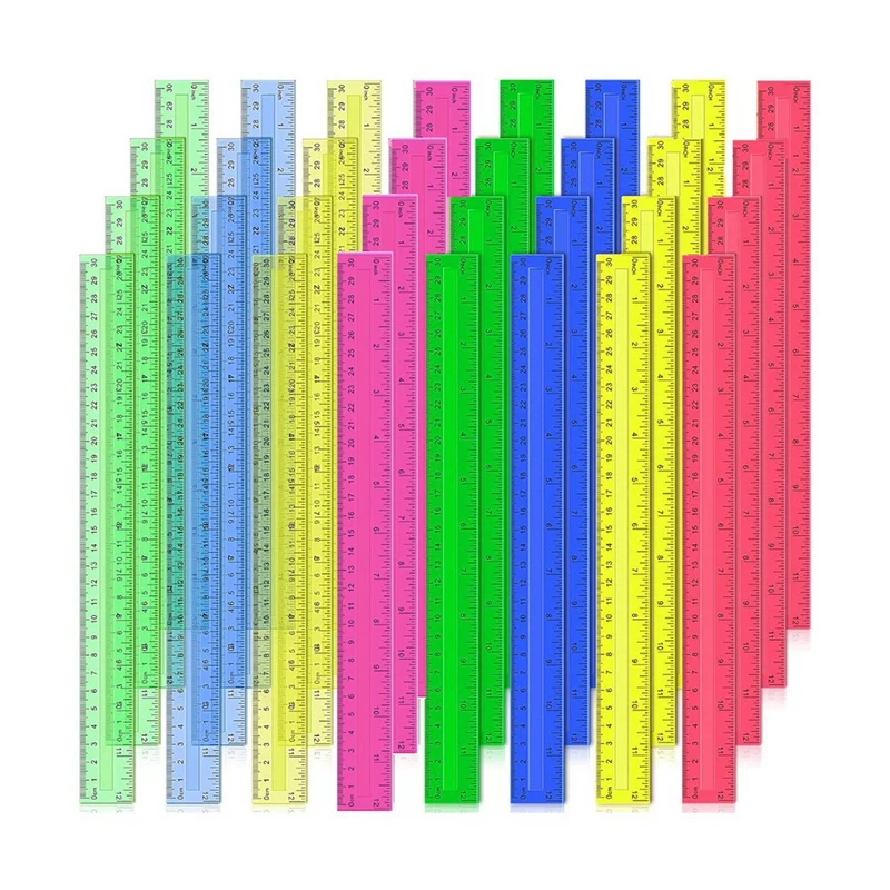 12 Inch Plastic Rulers, 32 PCS Transparent Assorted Color Metric Bulk Rulers With Inches Centimeters Millimeter.