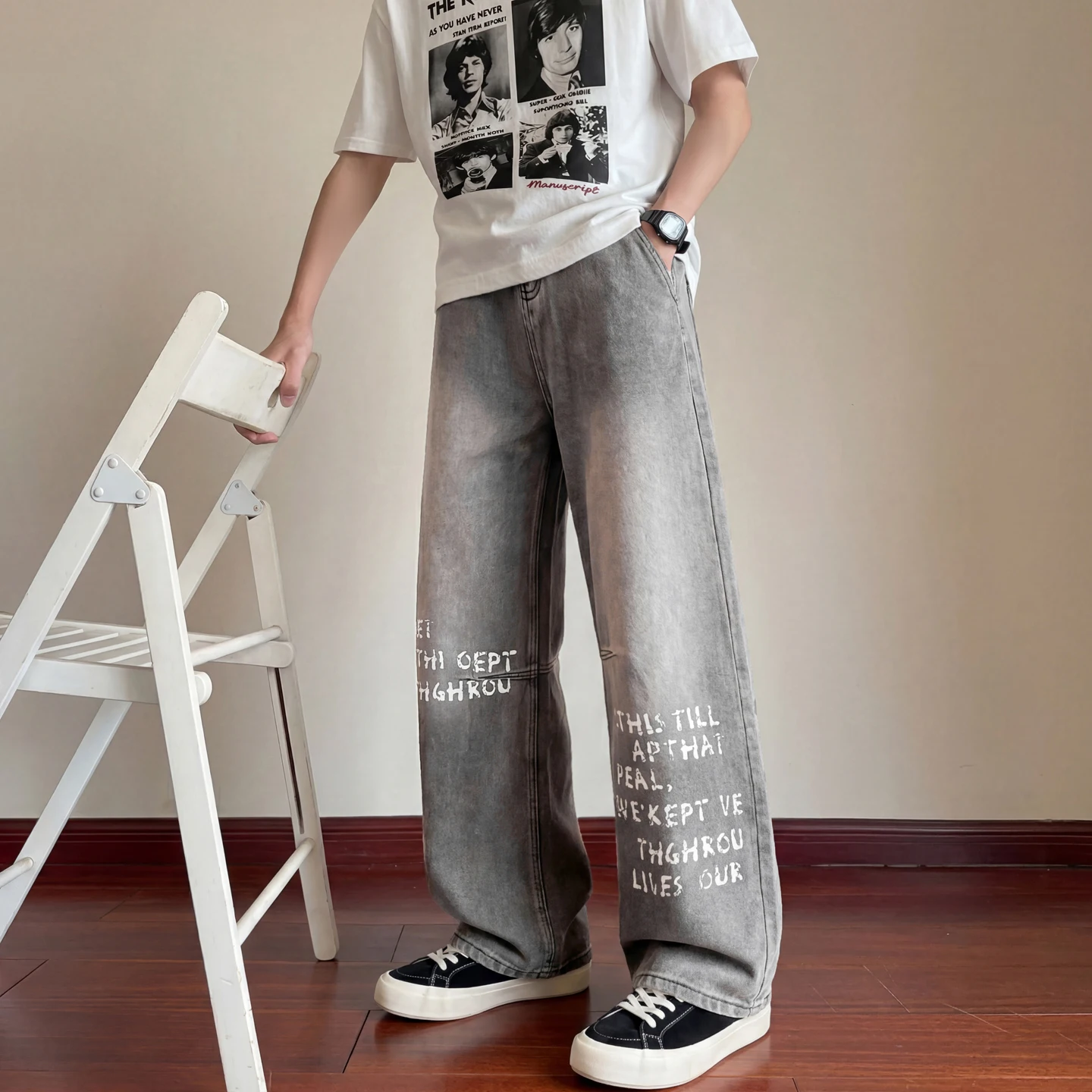 Men's Jeans Man Pants Dark Black Print Letter Loose Straight Casual Streetwear High Fashion Denim Trousers