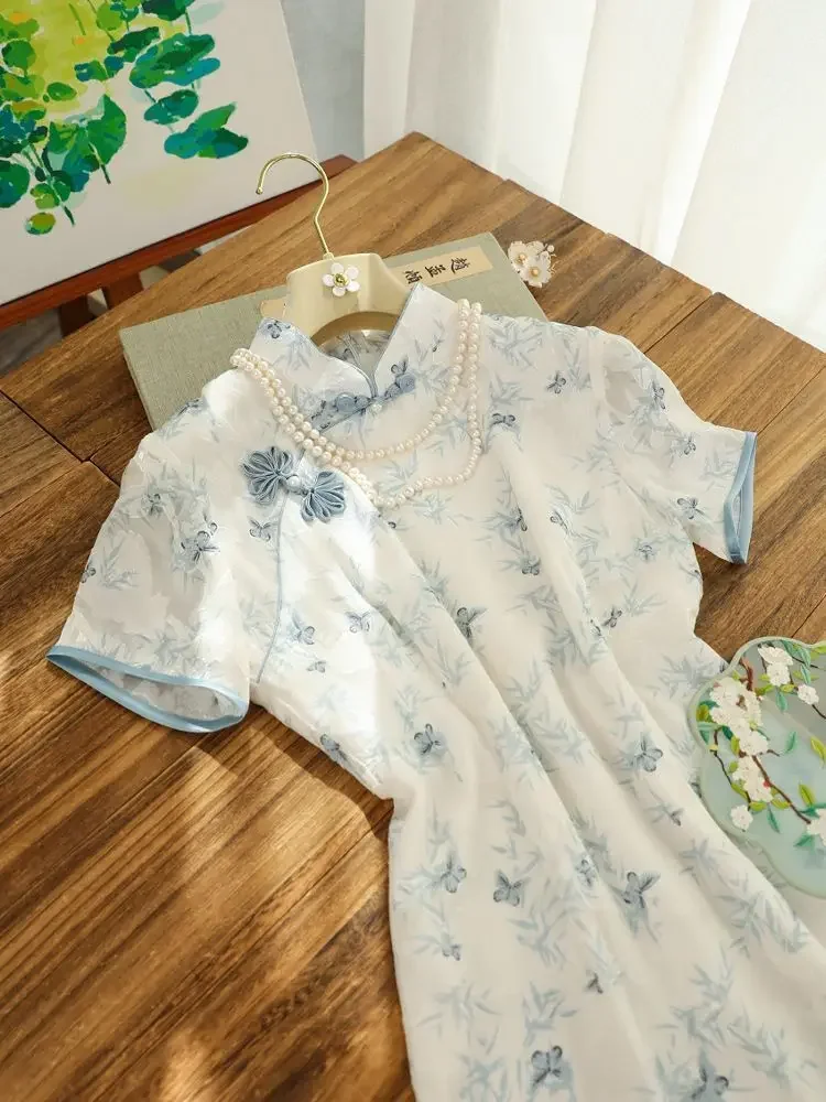 

Elegant Lady Blue Printing Chiffon Cheongsam 2025 Summer New Chinese Style Modern Short Sleeve Qipao Dress Party Long Dresses