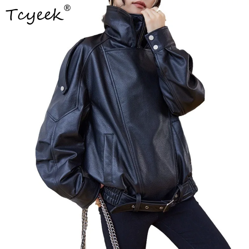 Tcyeek Real Leather Jacket Women Motocycle Genuine Sheepskin Coat Woman Trendy Spring Autumn Clothes Waist Belt Jaqueta De Couro