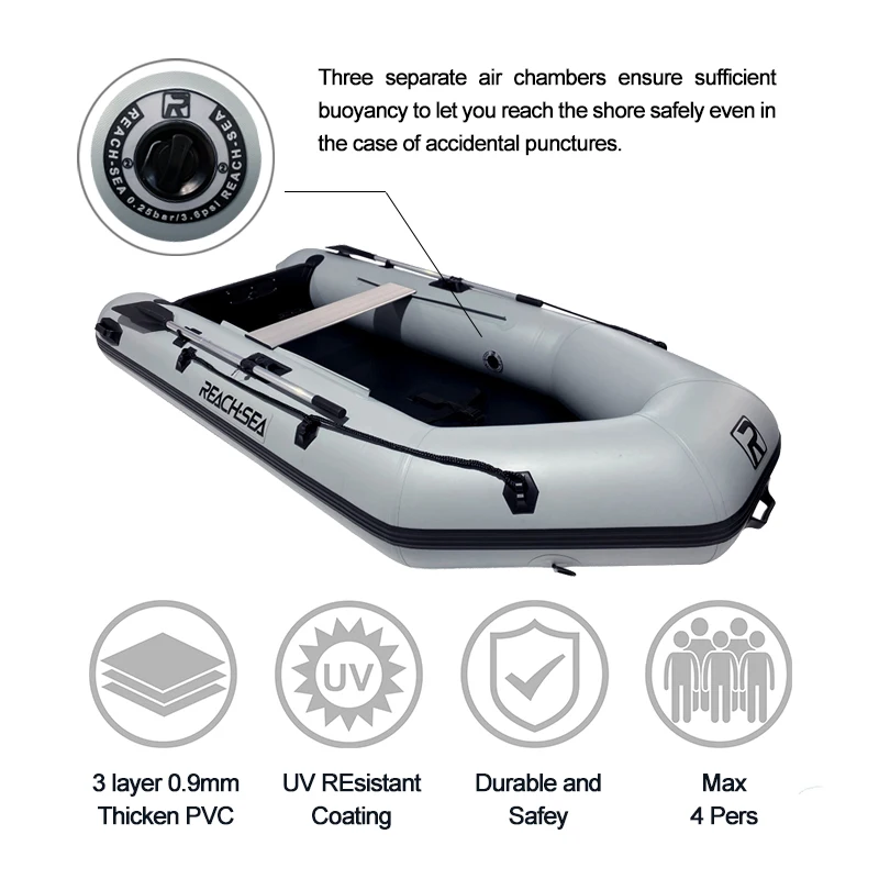 Reach-Sea, venta al por mayor, barco de pesca inflable de goma de Pvc personalizado, ligero, barato, con remos de aluminio