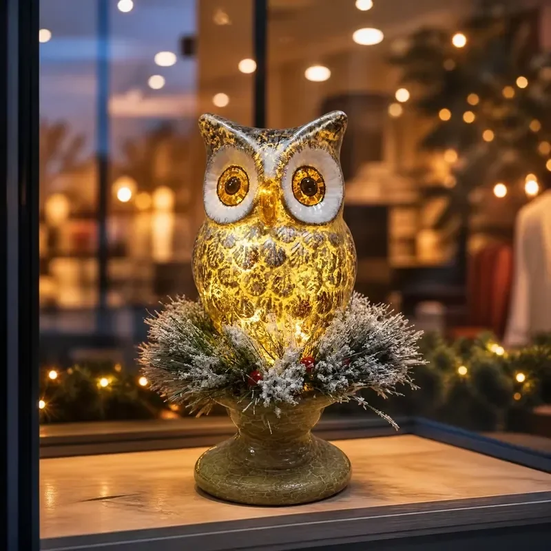 Glowing Owl Fiberglass Statue with Warm LED Light FRP Garden Decor Sculpture Cracked Glaze Base Fir Wreath Red Berry Outdoor