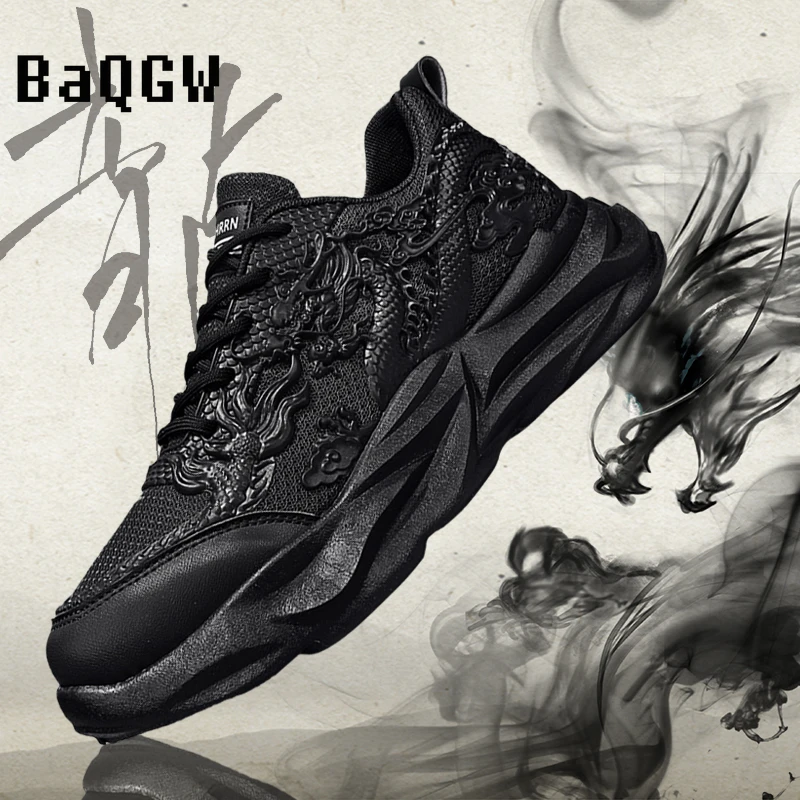 Chinese Style 2024 New Year Dragon Pattern Carving Fashion Men's Sneakers Casual Sport Running Shoes Designer Luxury Breathable