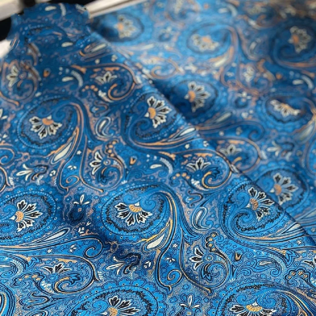 Pipa woven brocade jacquard fabric, navy blue, large European flower border ethnic fabric