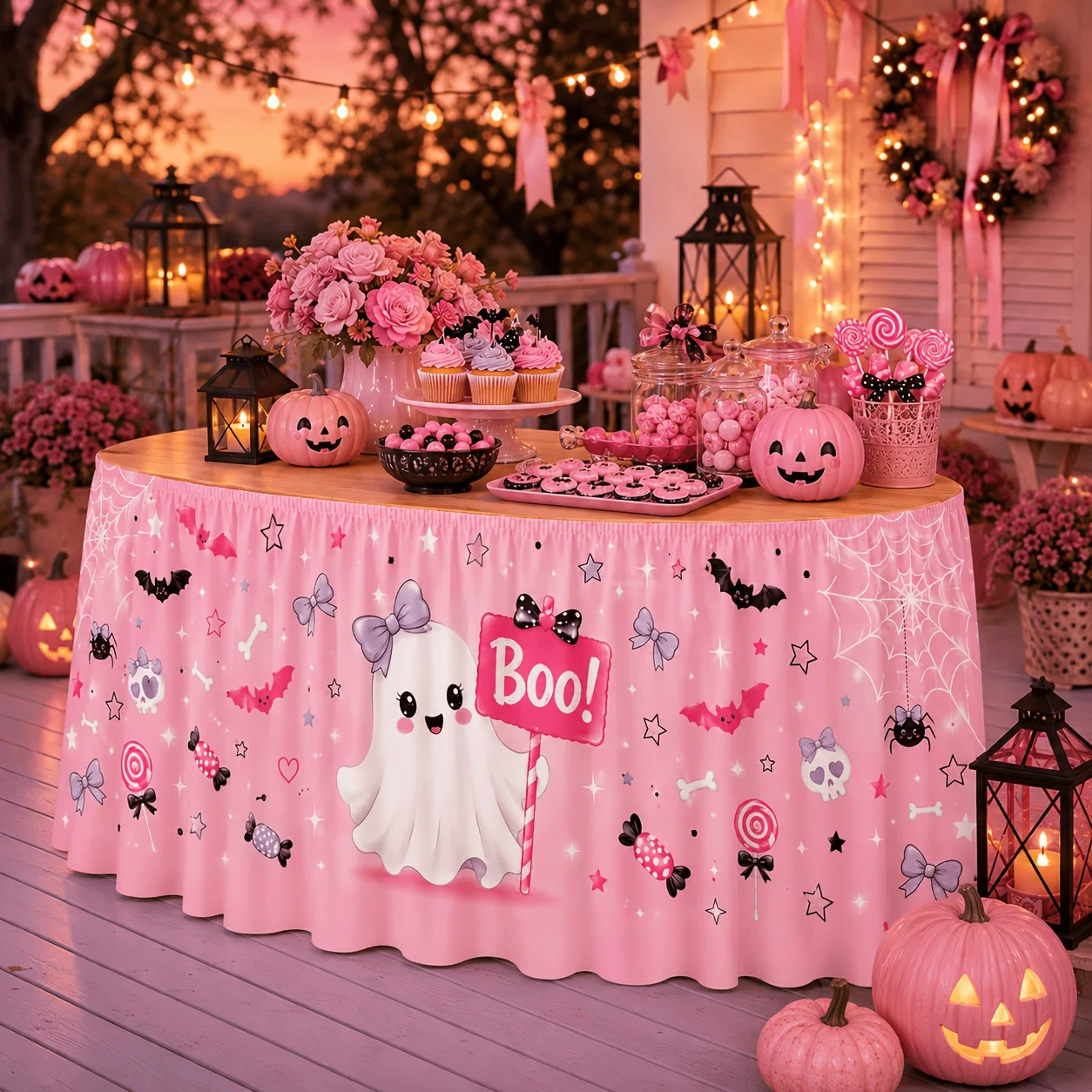 1 piece tablecloth table skirt, polyester pastel pink ghost Boo, suitable for Halloween ghost butterfly knot lollipopzyc